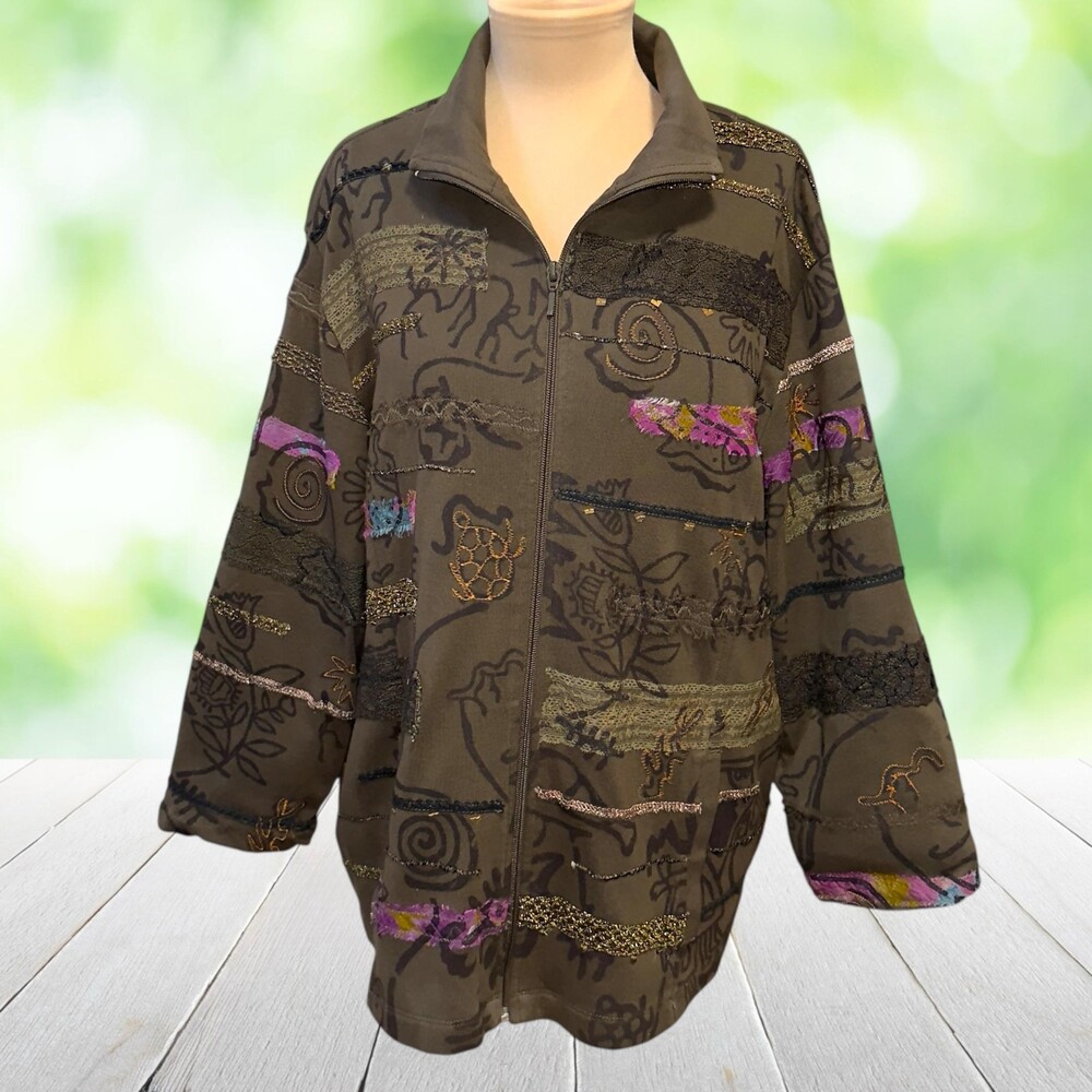 Vintage CHICOS Mixed Media Jacket Full Zip Embellished Artwear Boho Size 3 (XL)